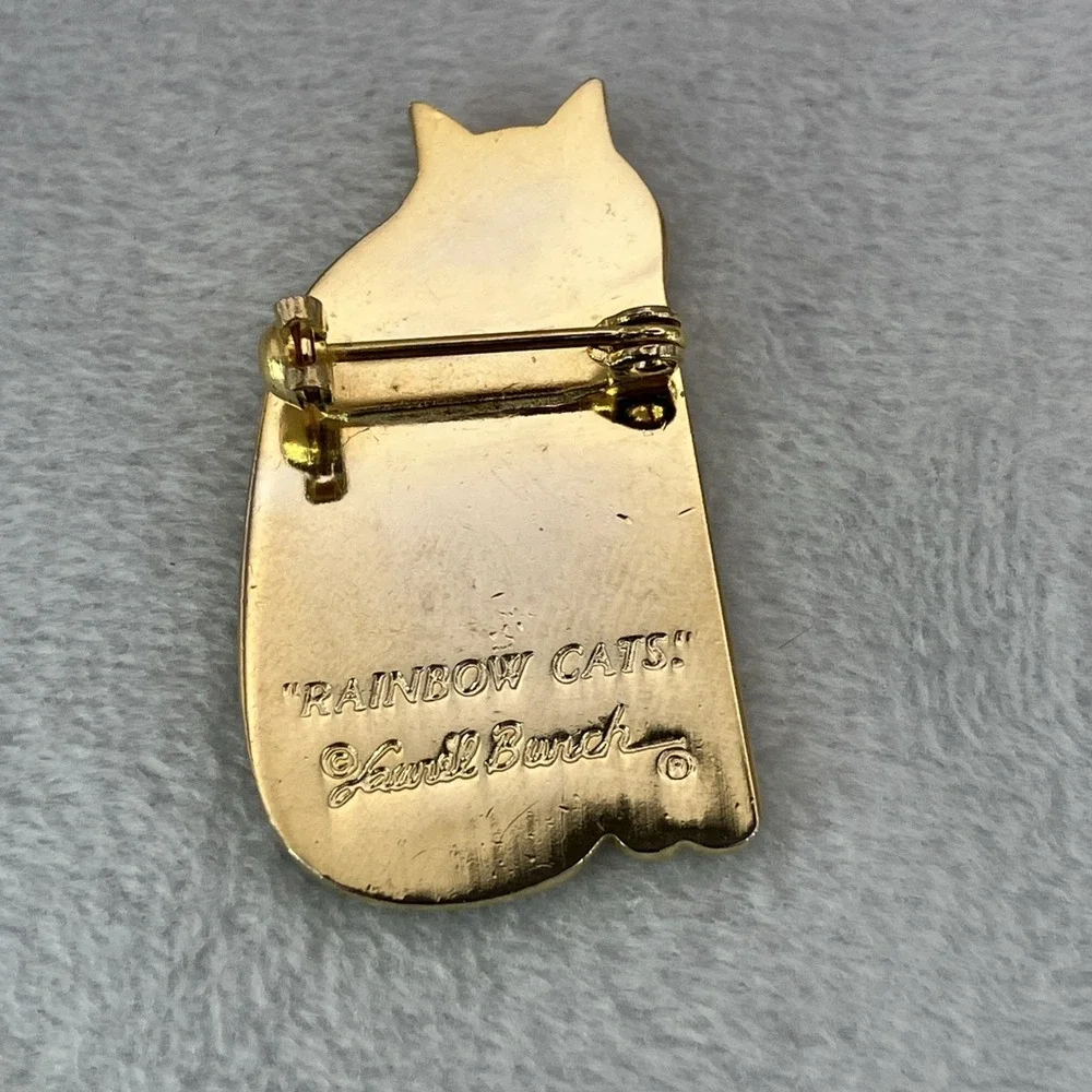 Laurel Burch Rainbow Cat Brooch Pin Signed Whimsical Gold Tone Kitty Collectible